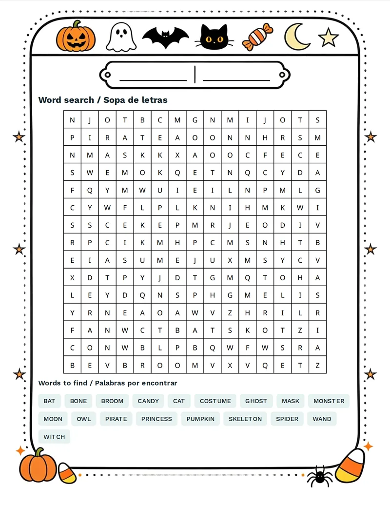 Sopa de letras, Halloween: PUMPKIN, GHOST, WITCH, BAT, SPIDER, OWL, MOON, CAT