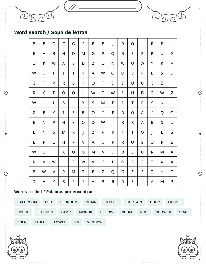 Sopa de letras, Casa: HOUSE, ROOM, KITCHEN, BATHROOM, BEDROOM, WINDOW, DOOR, CHAIR