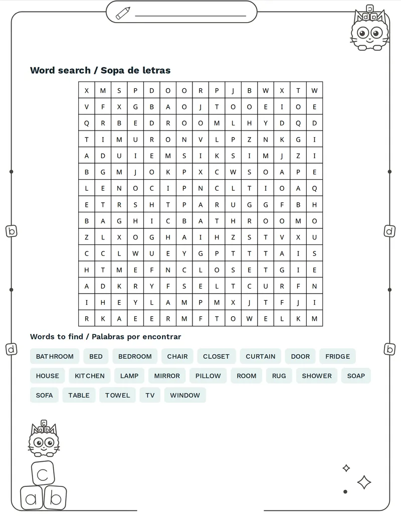 Sopa de letras, Casa: HOUSE, ROOM, KITCHEN, BATHROOM, BEDROOM, WINDOW, DOOR, CHAIR