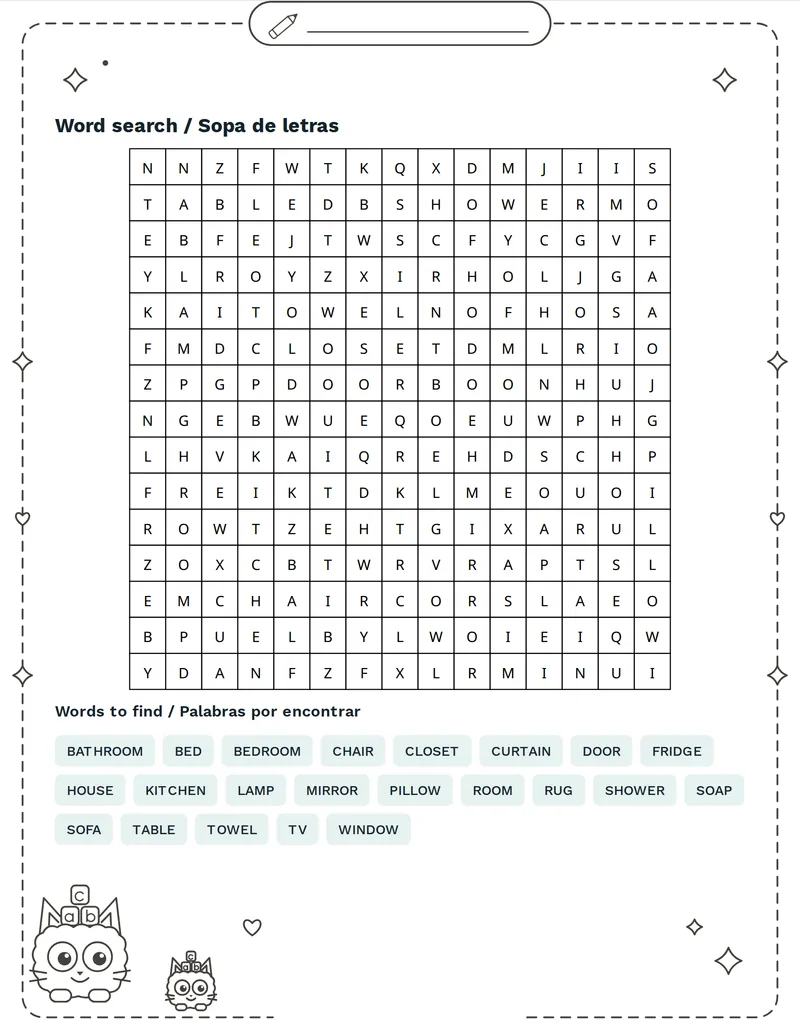 Sopa de letras, Casa: HOUSE, ROOM, KITCHEN, BATHROOM, BEDROOM, WINDOW, DOOR, CHAIR