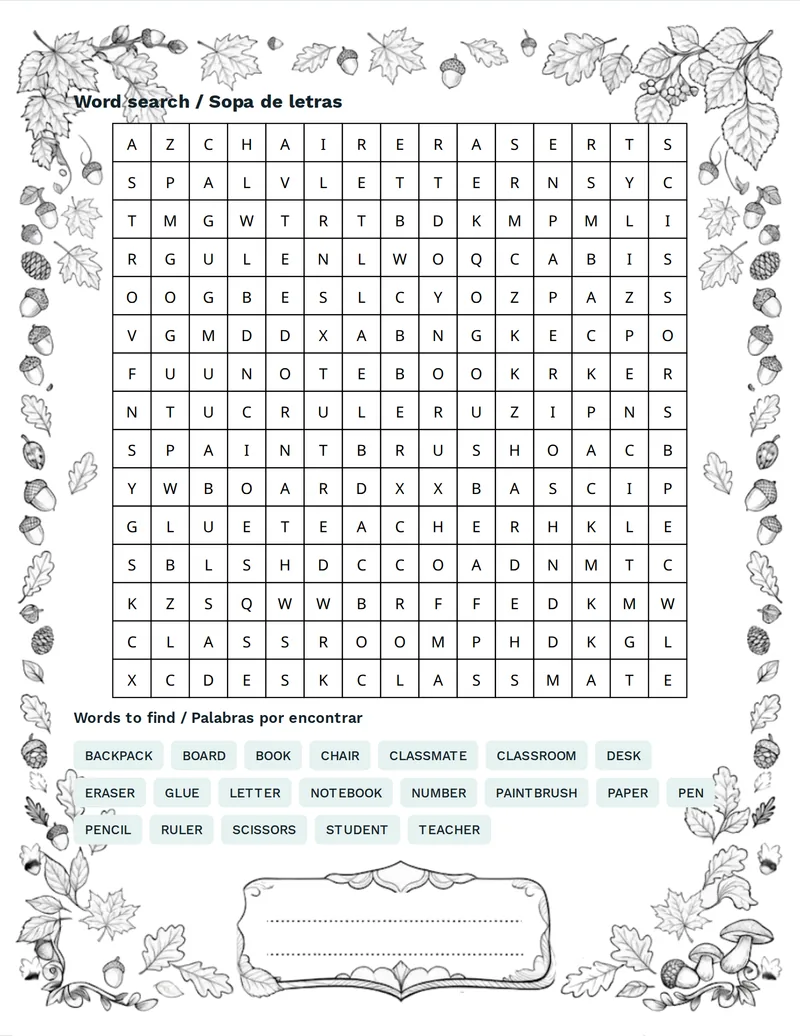 Sopa de letras, Escuela: TEACHER, STUDENT, CLASSROOM, BOARD, CHAIR, DESK, BOOK, NOTEBOOK
