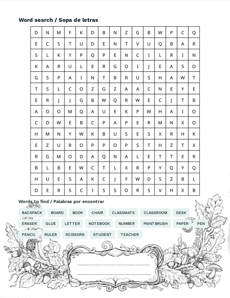 Sopa de letras, Escuela: TEACHER, STUDENT, CLASSROOM, BOARD, CHAIR, DESK, BOOK, NOTEBOOK