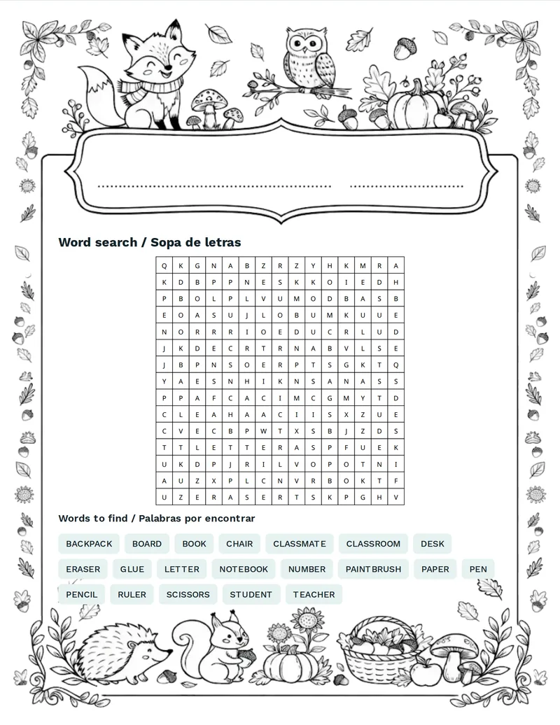 Sopa de letras, Escuela: TEACHER, STUDENT, CLASSROOM, BOARD, CHAIR, DESK, BOOK, NOTEBOOK