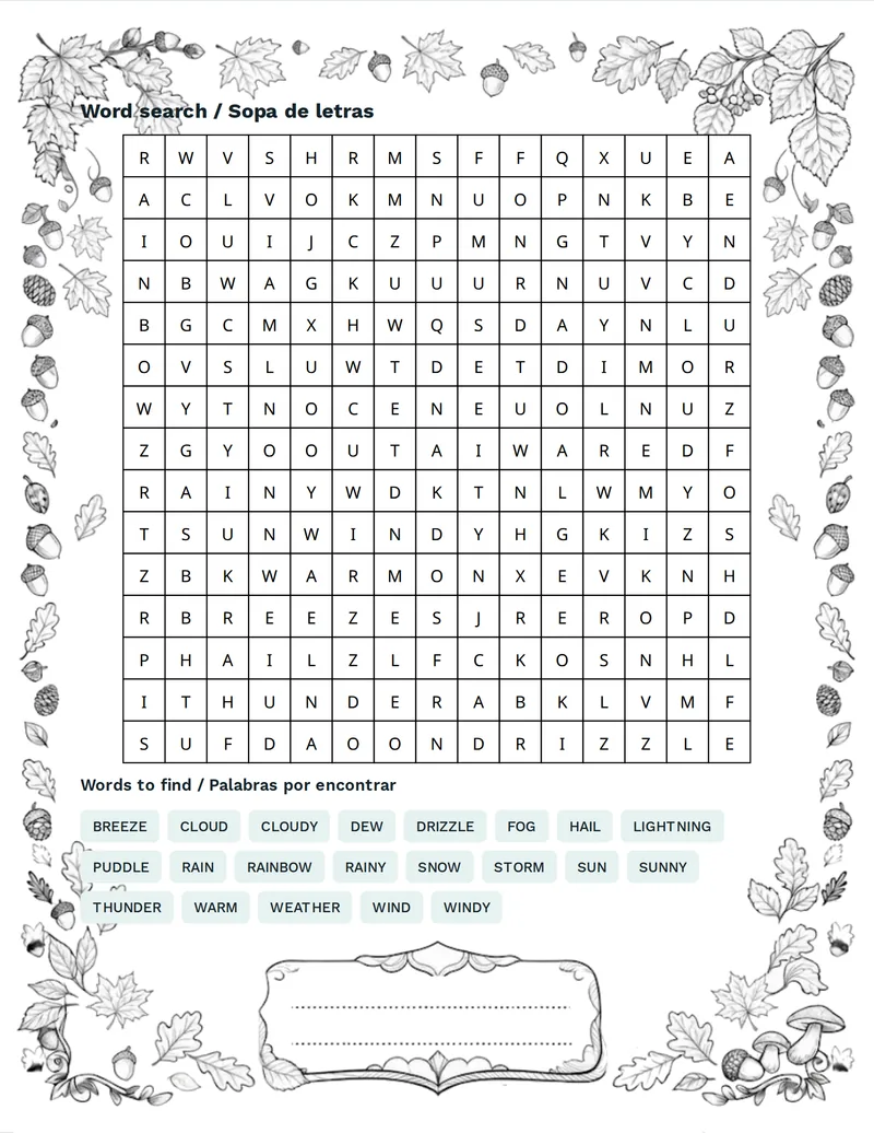Sopa de letras, Tiempo: SUN, RAIN, CLOUD, WIND, STORM, SNOW, FOG, HAIL
