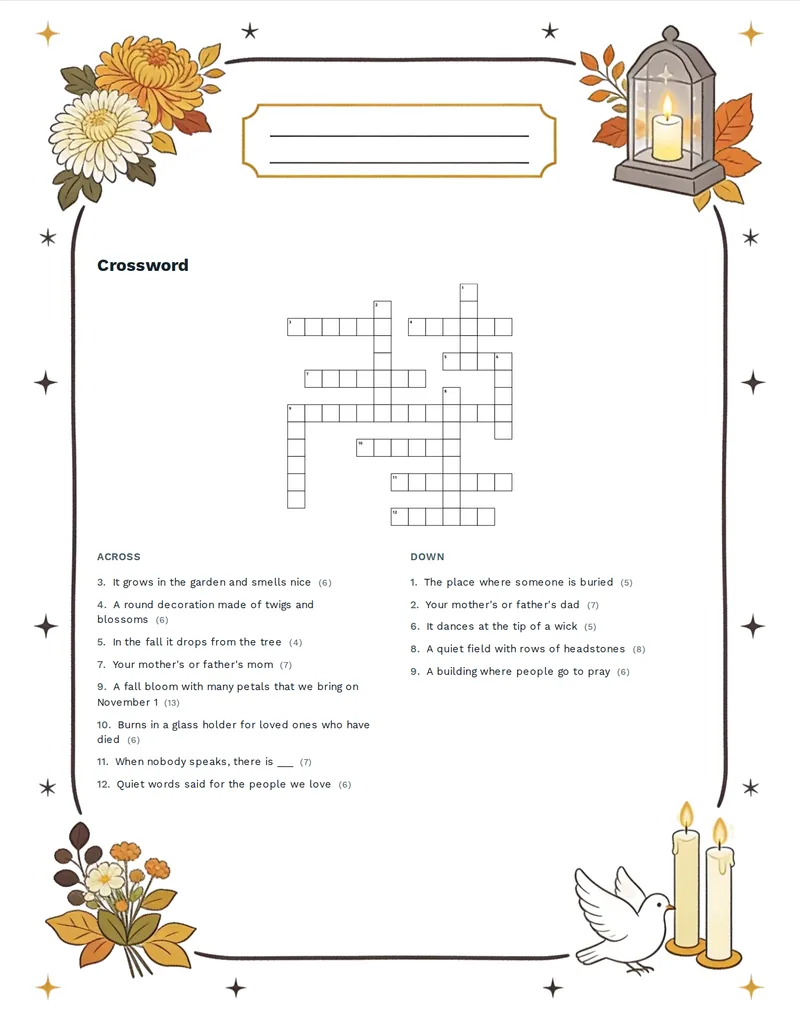 Crossword, All Saints' Day: CANDLE, CHRYSANTHEMUM, CEMETERY, GRAVE, WREATH, LEAF, FAMILY, FLOWER