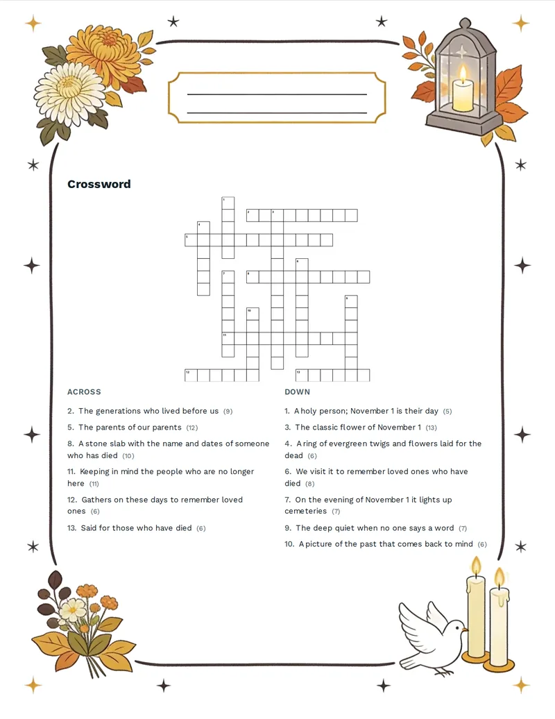 Crossword, All Saints' Day: LANTERN, CEMETERY, WREATH, REMEMBRANCE, ANCESTORS, PRAYER, SILENCE, SAINT