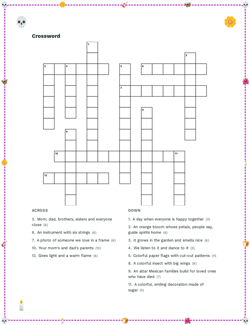 Crossword, Día de los Muertos: OFRENDA, SKULL, MARIGOLD, CANDLE, FLOWER, FAMILY, BUTTERFLY, GUITAR