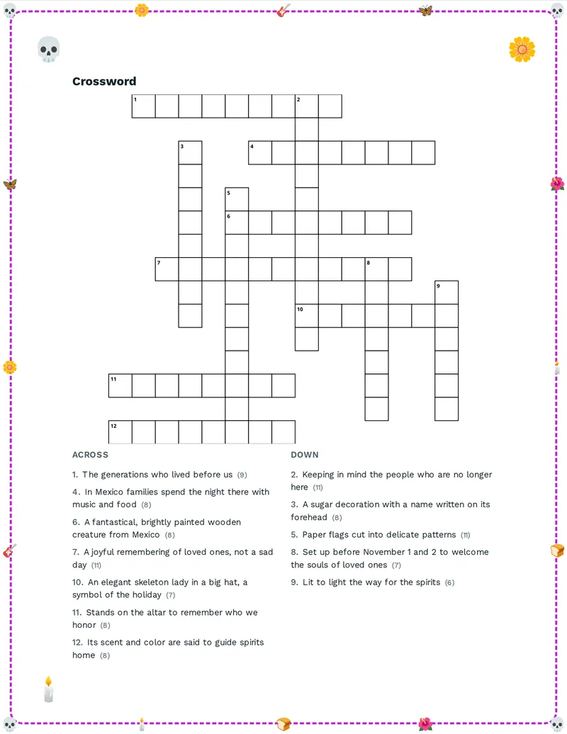 Crossword, Día de los Muertos: OFRENDA, CALAVERA, MARIGOLD, PAPEL PICADO, BREAD, CATRINA, ALEBRIJE, ANCESTORS