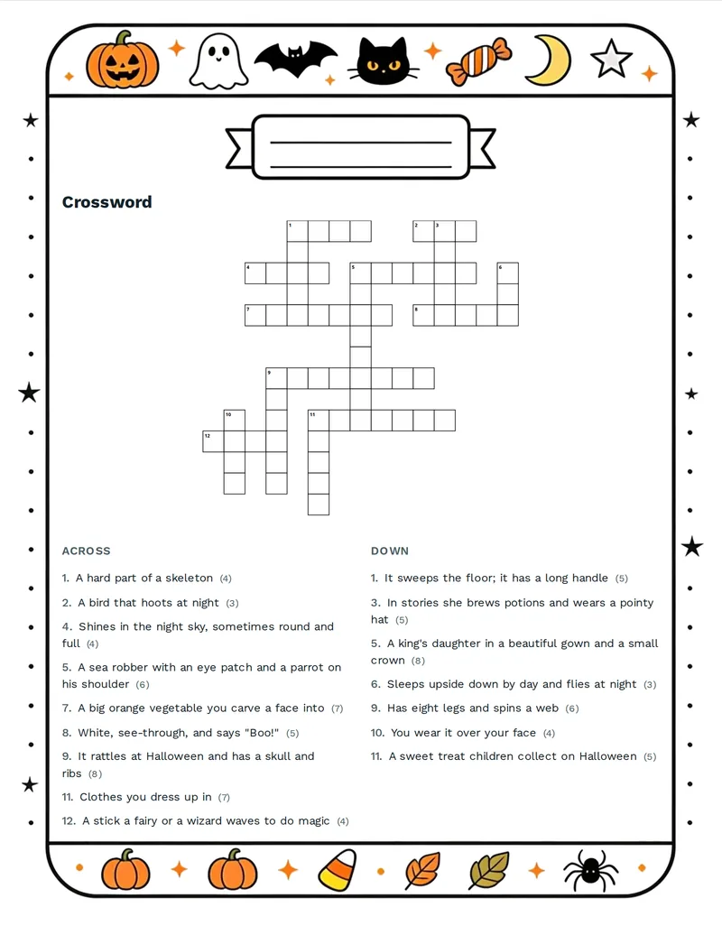 Crossword, Halloween: PUMPKIN, GHOST, WITCH, BAT, SPIDER, OWL, MOON, CAT