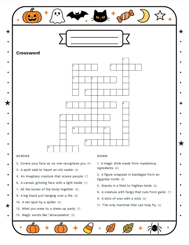 Crossword, Halloween: LANTERN, COBWEB, CAULDRON, VAMPIRE, MUMMY, SCARECROW, SKELETON, COSTUME
