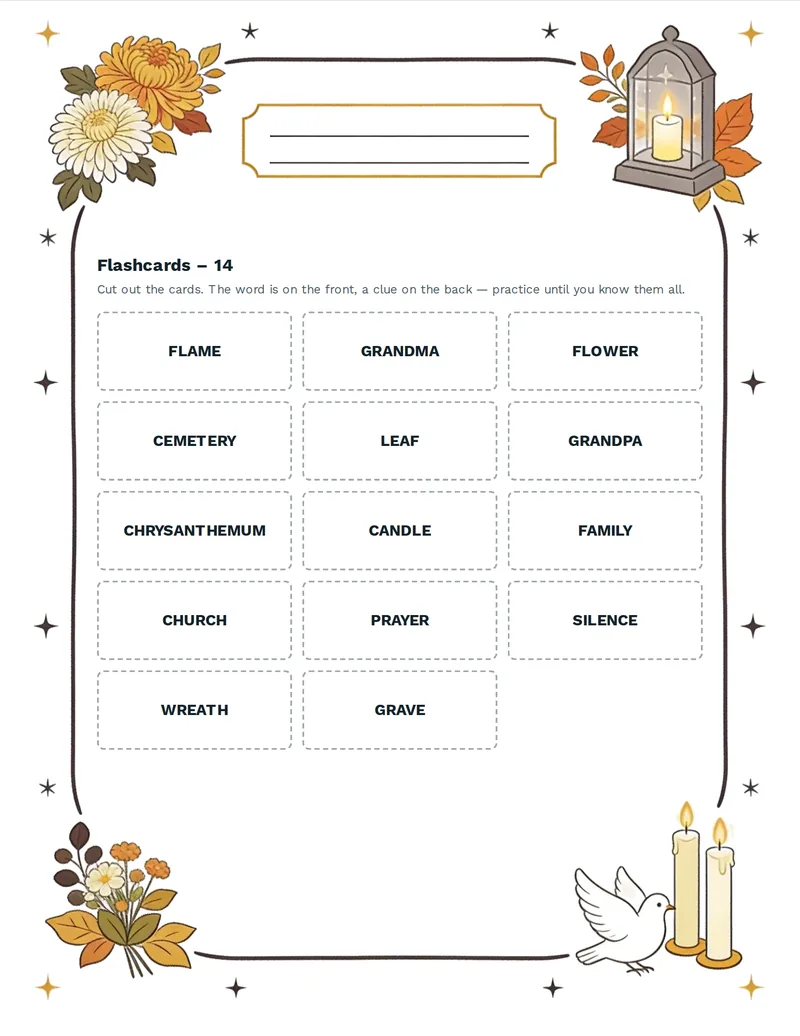Flashcards, All Saints' Day: CANDLE, CHRYSANTHEMUM, CEMETERY, GRAVE, WREATH, LEAF