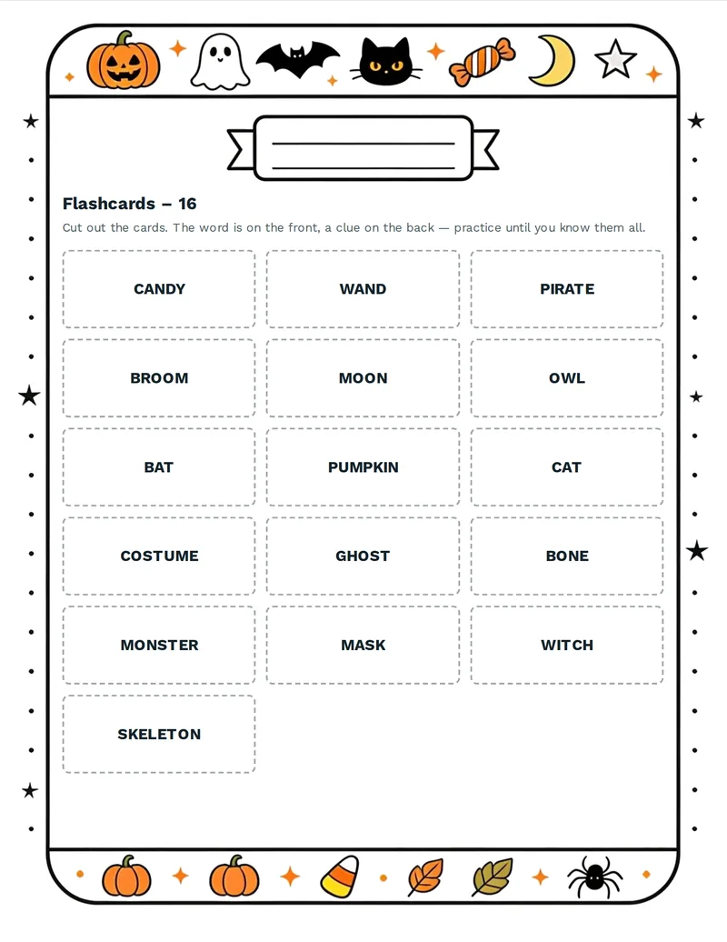 Flashcards, Halloween: PUMPKIN, GHOST, WITCH, BAT, SPIDER, OWL