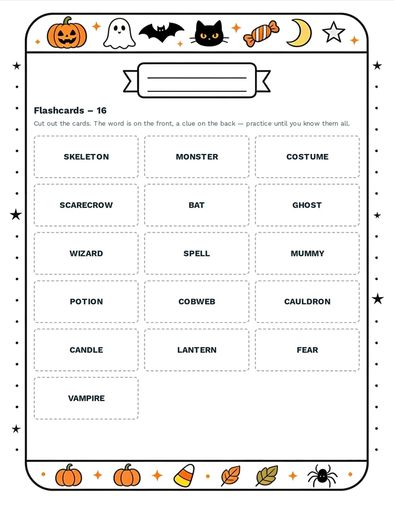 Flashcards, Halloween: LANTERN, COBWEB, CAULDRON, VAMPIRE, MUMMY, SCARECROW