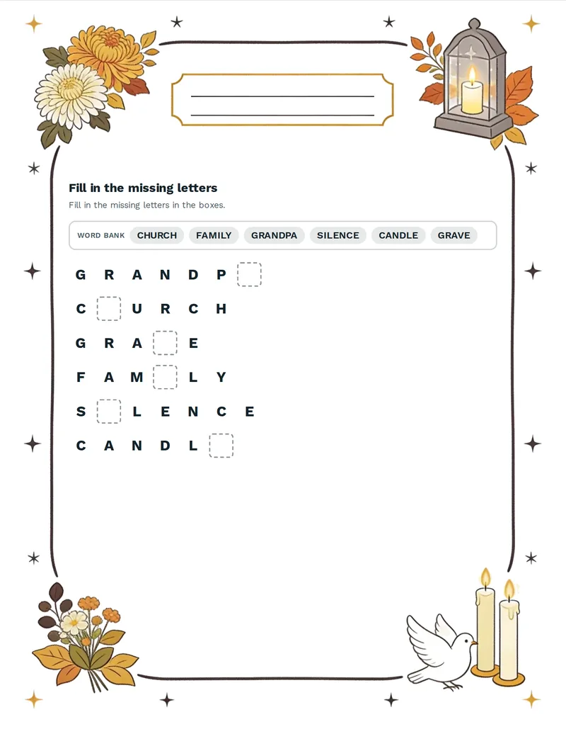 Missing Letters, All Saints' Day: CANDLE, CHRYSANTHEMUM, CEMETERY, GRAVE, WREATH, LEAF