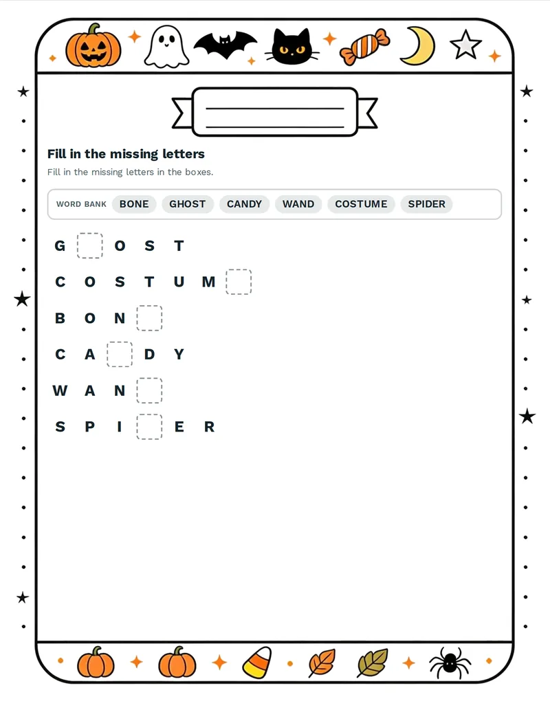 Missing Letters, Halloween: PUMPKIN, GHOST, WITCH, BAT, SPIDER, OWL