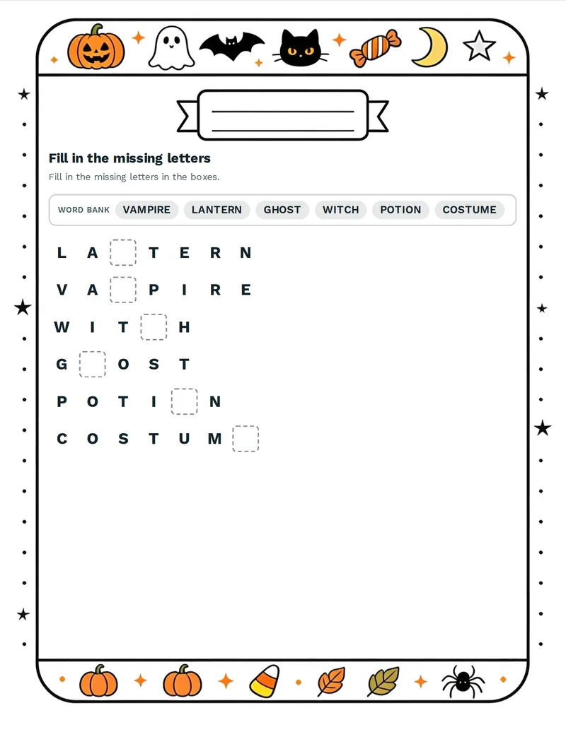 Missing Letters, Halloween: LANTERN, COBWEB, CAULDRON, VAMPIRE, MUMMY, SCARECROW