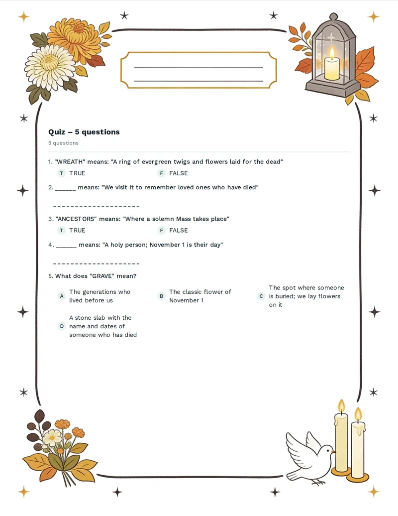 Quiz, All Saints' Day: LANTERN, CEMETERY, WREATH, REMEMBRANCE, ANCESTORS, PRAYER