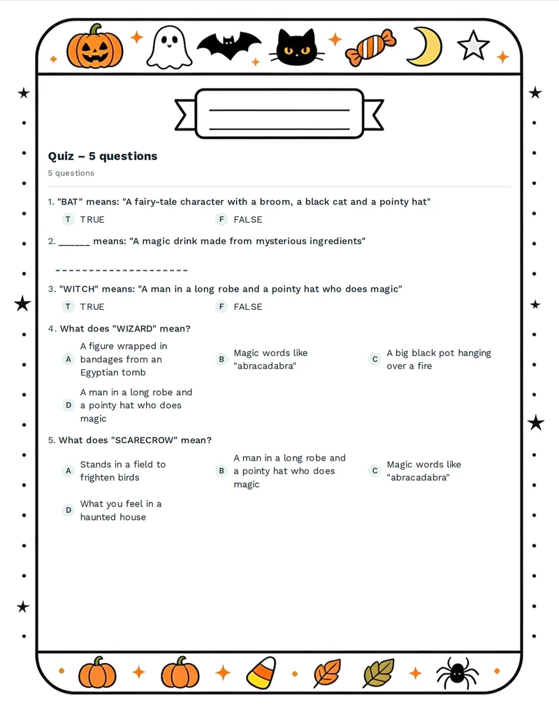 Quiz, Halloween: LANTERN, COBWEB, CAULDRON, VAMPIRE, MUMMY, SCARECROW