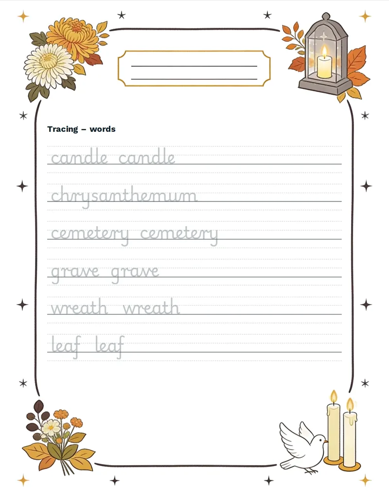 Tracing, All Saints' Day: CANDLE, CHRYSANTHEMUM, CEMETERY, GRAVE, WREATH, LEAF
