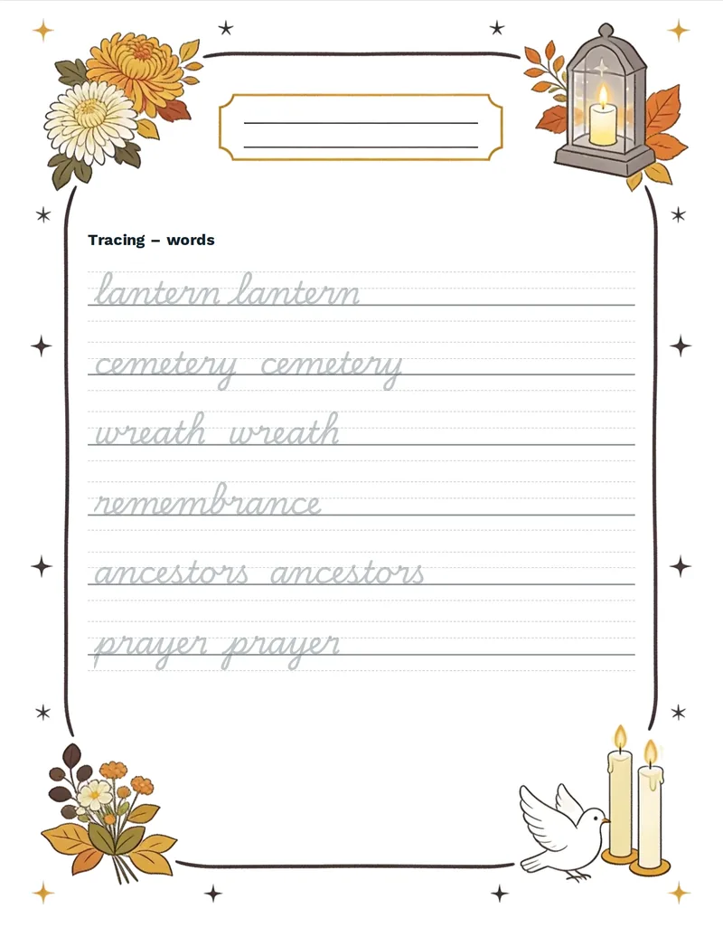 Tracing, All Saints' Day: LANTERN, CEMETERY, WREATH, REMEMBRANCE, ANCESTORS, PRAYER