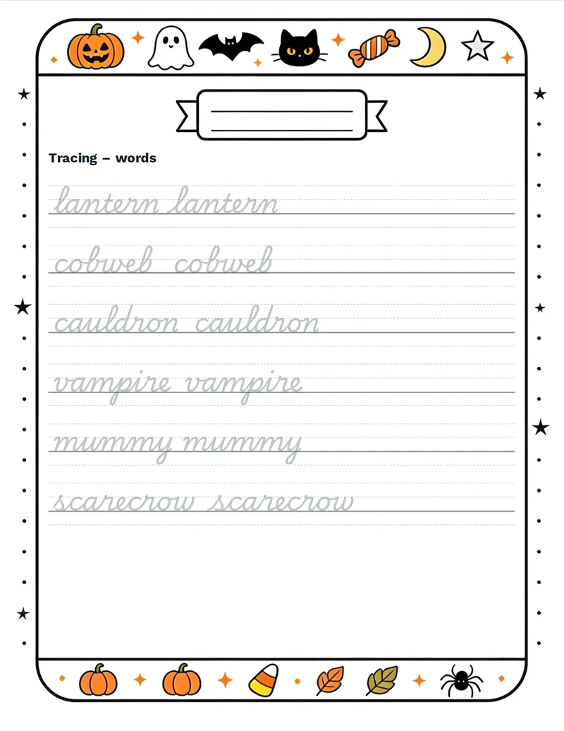 Tracing, Halloween: LANTERN, COBWEB, CAULDRON, VAMPIRE, MUMMY, SCARECROW