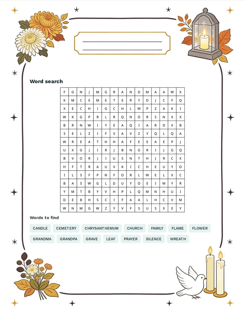 Word Search, All Saints' Day: CANDLE, CHRYSANTHEMUM, CEMETERY, GRAVE, WREATH, LEAF