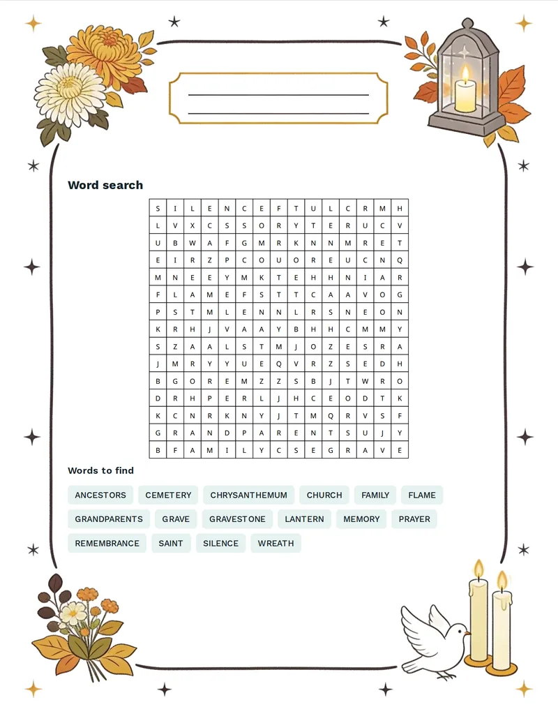 Word Search, All Saints' Day: LANTERN, CEMETERY, WREATH, REMEMBRANCE, ANCESTORS, PRAYER