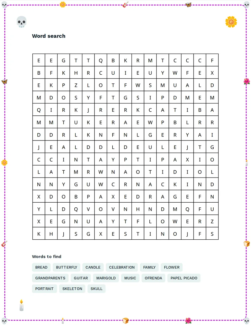 Word Search, Día de los Muertos: OFRENDA, SKULL, MARIGOLD, CANDLE, FLOWER, FAMILY