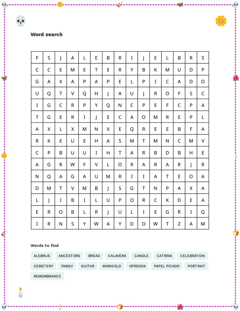 Word Search, Día de los Muertos: OFRENDA, CALAVERA, MARIGOLD, PAPEL PICADO, BREAD, CATRINA