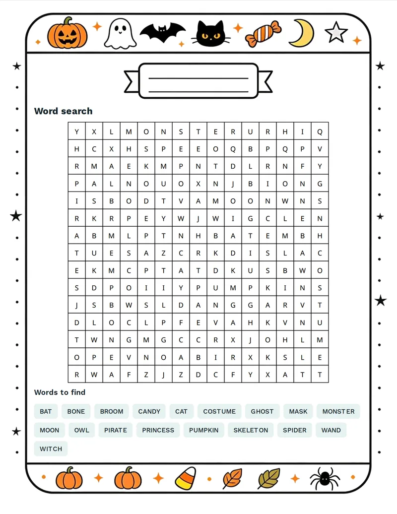 Word Search, Halloween: PUMPKIN, GHOST, WITCH, BAT, SPIDER, OWL