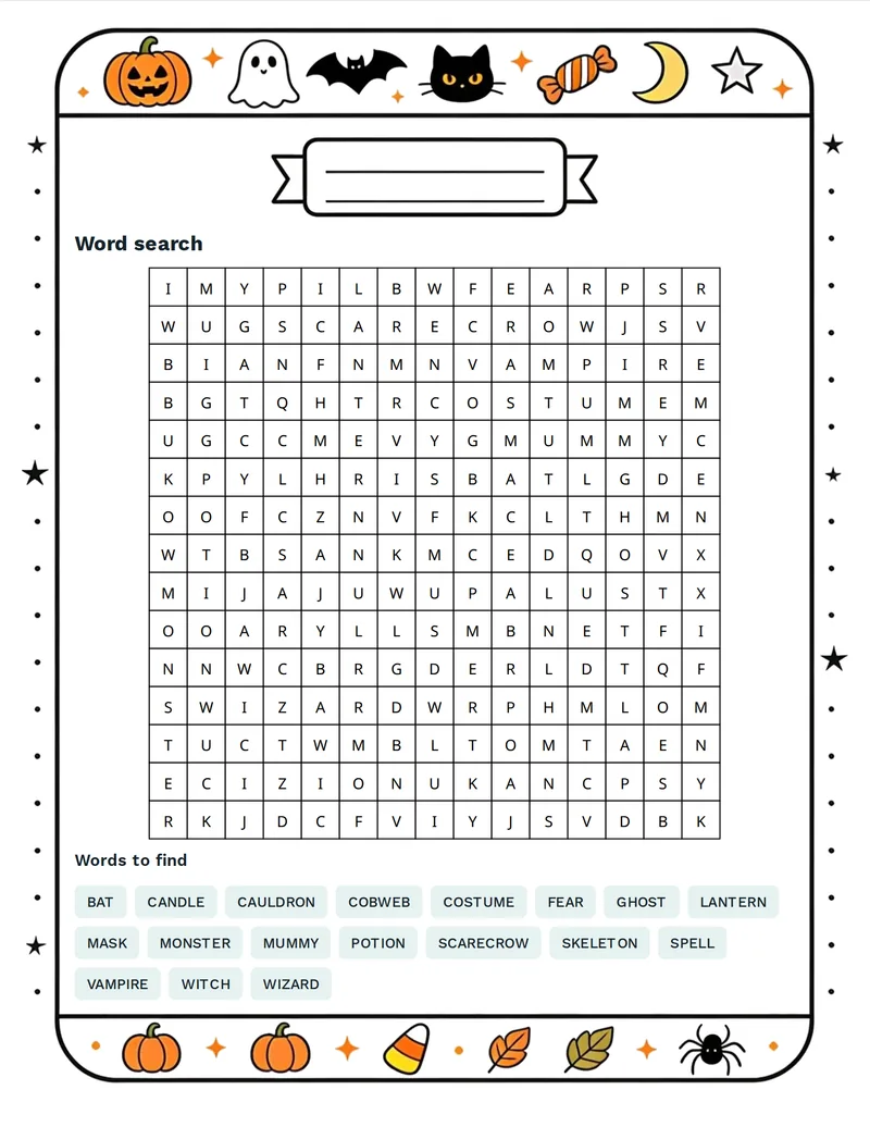 Word Search, Halloween: LANTERN, COBWEB, CAULDRON, VAMPIRE, MUMMY, SCARECROW