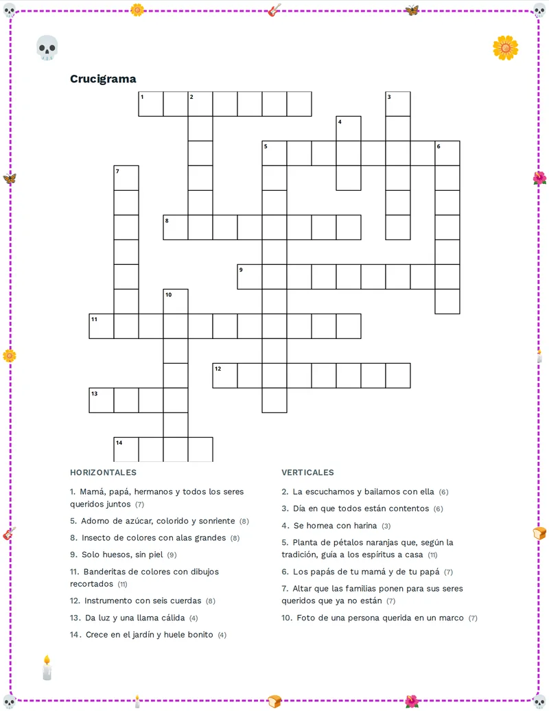 Crucigrama, Día de los Muertos: OFRENDA, CALAVERA, CEMPASÚCHIL, VELA, FLOR, FAMILIA, MARIPOSA, GUITARRA