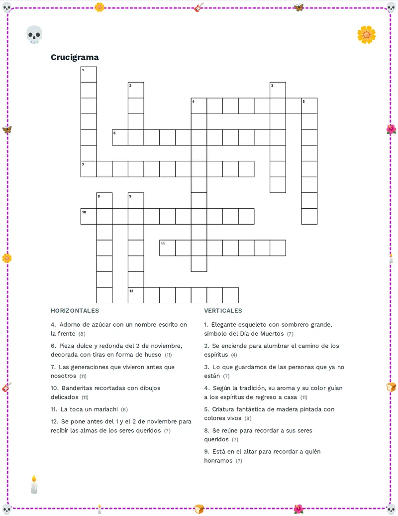 Crucigrama, Día de los Muertos: OFRENDA, CALAVERA, CEMPASÚCHIL, PAPEL PICADO, PAN DE MUERTO, CATRINA, ALEBRIJE, ANTEPASADOS