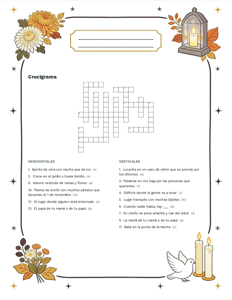 Crucigrama, Todos los Santos: VELADORA, CRISANTEMO, CEMENTERIO, TUMBA, CORONA, VELA, FAMILIA, FLOR