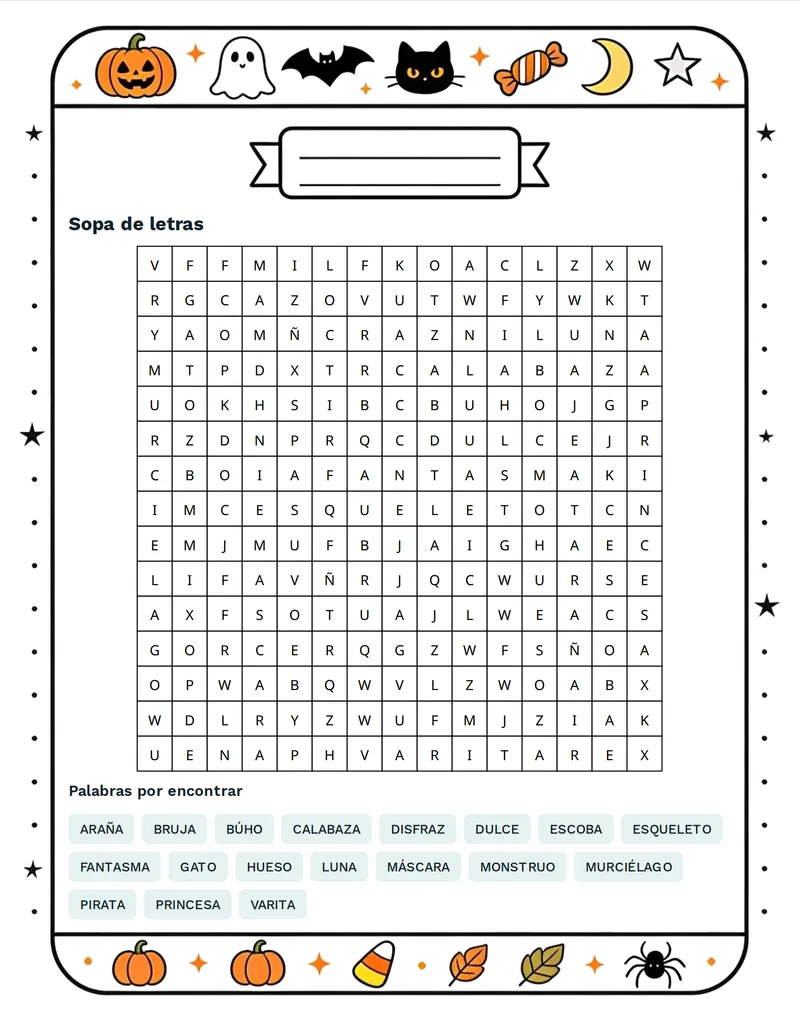 Sopa de letras, Halloween: CALABAZA, FANTASMA, BRUJA, MURCIÉLAGO, ARAÑA, GATO