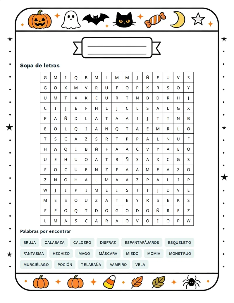 Sopa de letras, Halloween: CALABAZA, TELARAÑA, CALDERO, VAMPIRO, MOMIA, ESPANTAPÁJAROS
