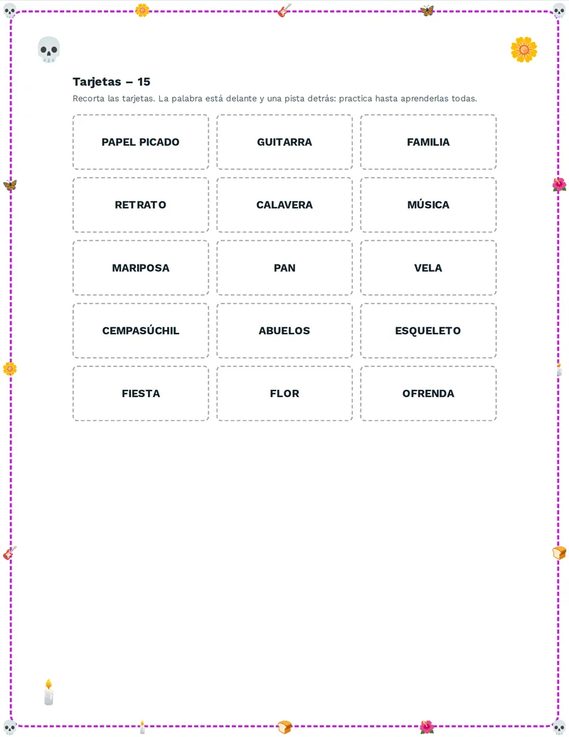Tarjetas de vocabulario, Día de los Muertos: OFRENDA, CALAVERA, CEMPASÚCHIL, VELA, FLOR, FAMILIA