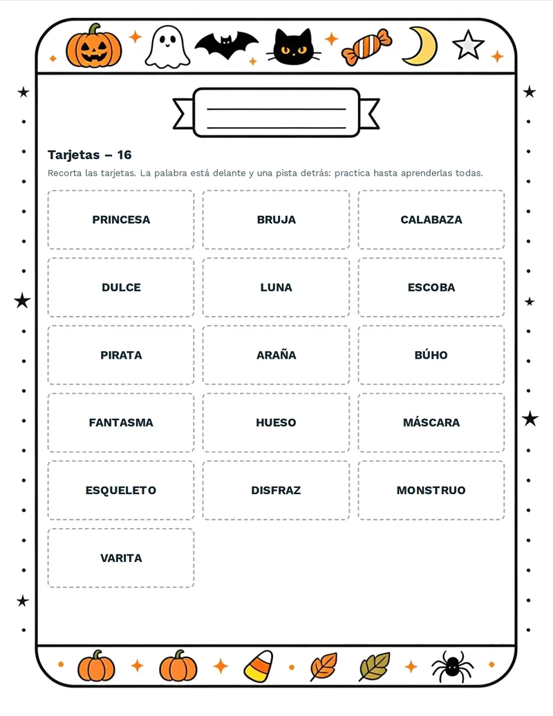 Tarjetas de vocabulario, Halloween: CALABAZA, FANTASMA, BRUJA, MURCIÉLAGO, ARAÑA, GATO