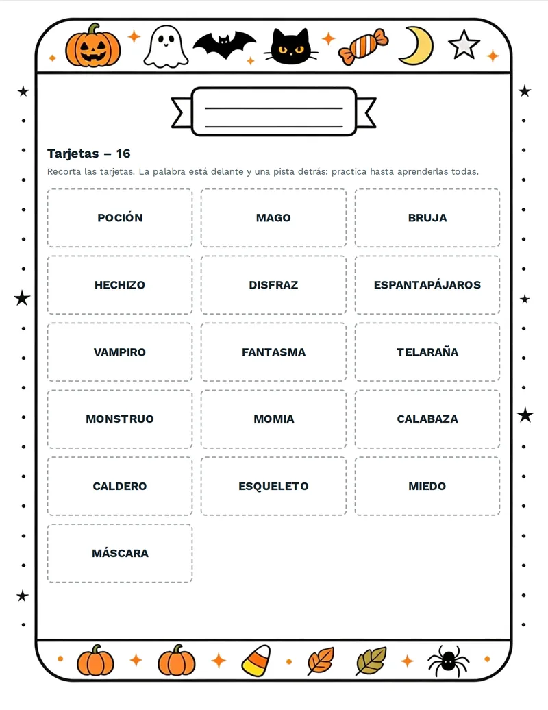 Tarjetas de vocabulario, Halloween: CALABAZA, TELARAÑA, CALDERO, VAMPIRO, MOMIA, ESPANTAPÁJAROS